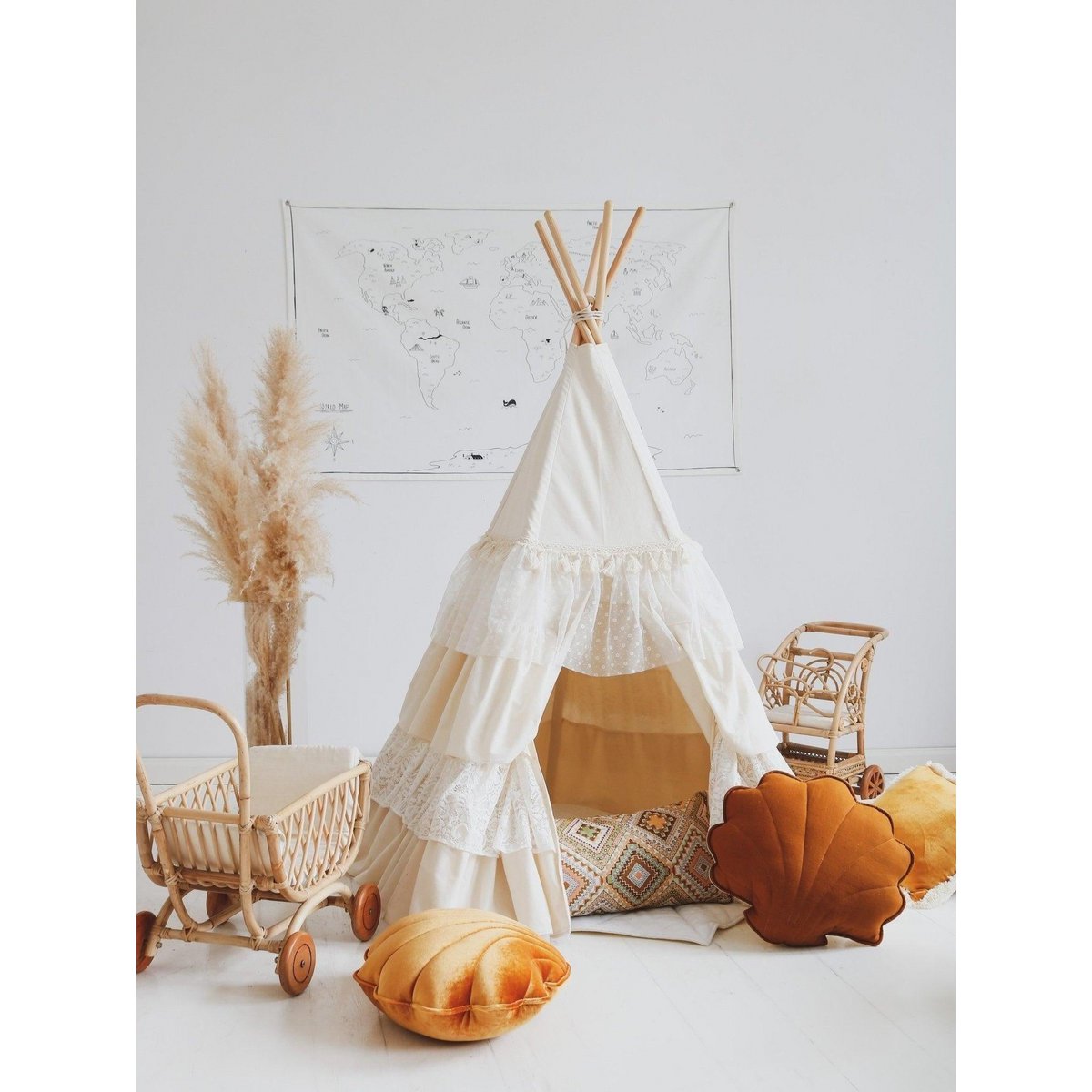 Set „Shabby Chic“ Tipi mit Rüschen und Blättermatte „Weiß“.