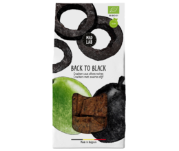 Black olive crackers with a "Back to Black" label. Rectangular crackers with a dark color and olive pieces visible.