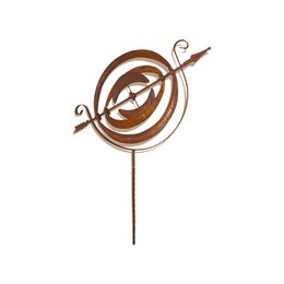 Large spherical propeller-style wind chime with metallic bronze and silver tones. Features a circular design with a central propeller-like element and hanging chimes.