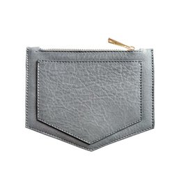  A compact, minimalist wallet in a graphite grey color with a textured leather-like material. The wallet features a simple, clean design with a zippered compartment and a small metal accent.