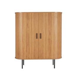 Wooden chest of drawers with a natural, black finish. Features a minimalist, rectangular design with two doors. Suitable for use as a sideboard or storage cabinet in a living room or bedroom.