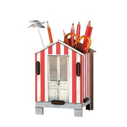 A striped, beach-themed desk organizer with compartments for storing pens, pencils, and other office supplies. The organizer features a miniature beach hut design with a sign that says "Beach".
