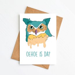 Colorful owl-shaped congratulations card with text "Oehoe is da?"

The image shows a whimsical, cartoon-style illustration of an owl with large, expressive eyes and a vibrant color palette of greens, yellows, and oranges. The text on the card reads "Oehoe is da?", which appears to be a playful way of asking "Who is that?" or "What's up?". This card would be suitable for a congratulatory occasion, with the owl design and lighthearted tone conveying a sense of celebration and joy.