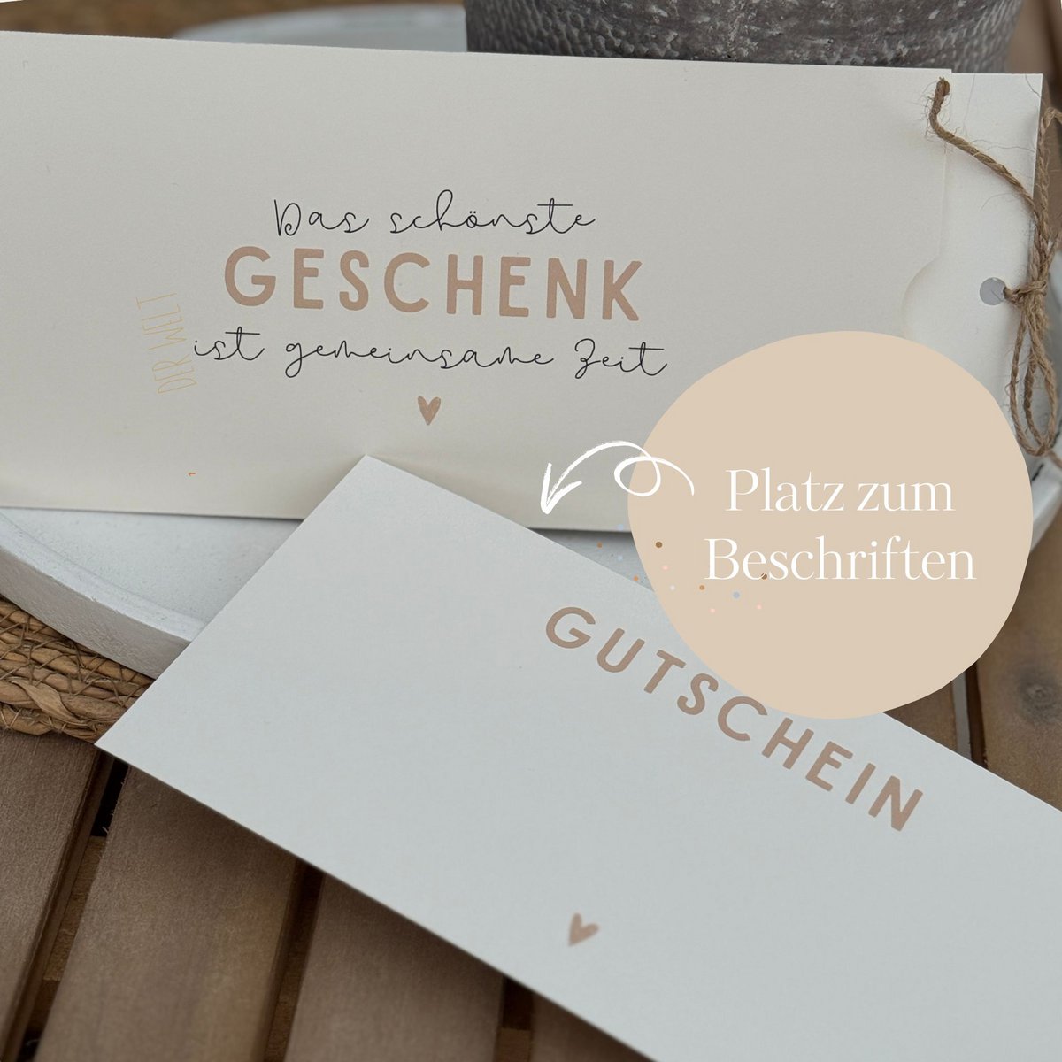 Vouchers met beschrijfbare binnenkant | Voucher voor tijd samen, individuele, bijzondere, natuurlijke kleuren met koord in DIN lang formaat