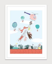 Colorful poster featuring hot air balloons, animals, and a whimsical scene suitable for a child's room.