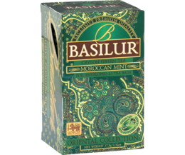 Moroccan mint tea in 25 sachets, with a green and gold box design featuring a paisley pattern.