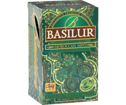 Moroccan mint tea in 25 sachets, with a green and gold box design featuring a paisley pattern.
