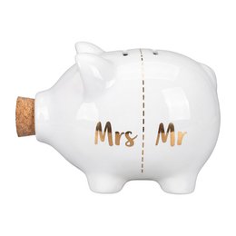 White ceramic piggy bank with "Mrs" and "Mr" gold text, cork stopper, couple savings jar.