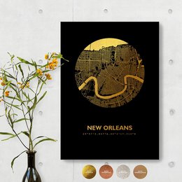 Round wall art featuring a map of New Orleans in gold, available in various sizes and colors including gold, copper, rose gold, silver, and white.
