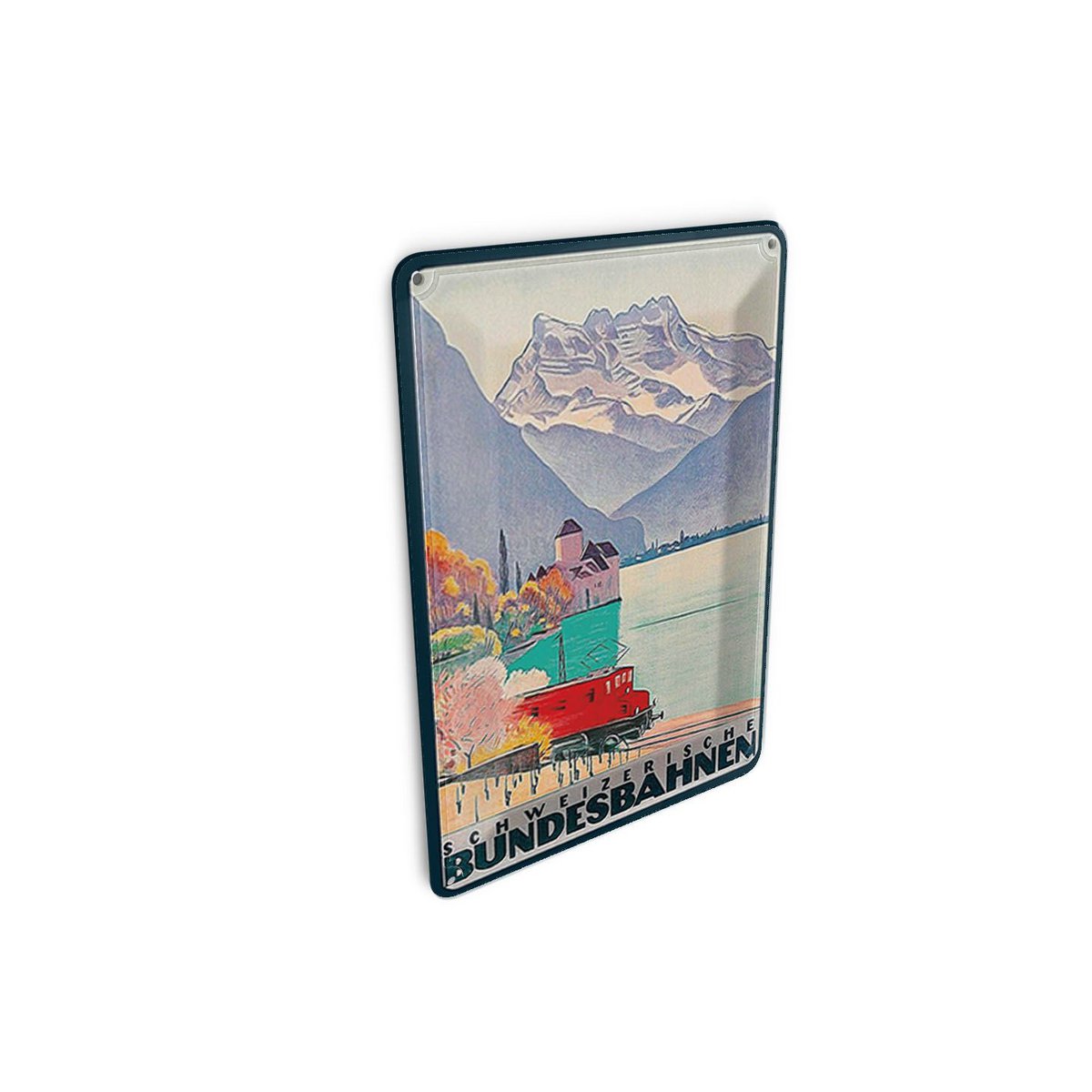 Cartolina in metallo da viaggio 10x14 cm Cartello decorativo delle Ferrovie Federali Svizzere montagne lago