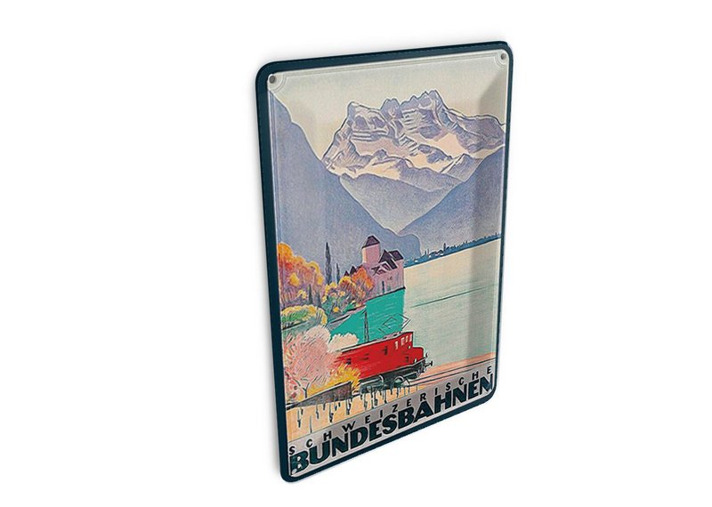 Cartolina in metallo da viaggio 10x14 cm Cartello decorativo delle Ferrovie Federali Svizzere montagne lago