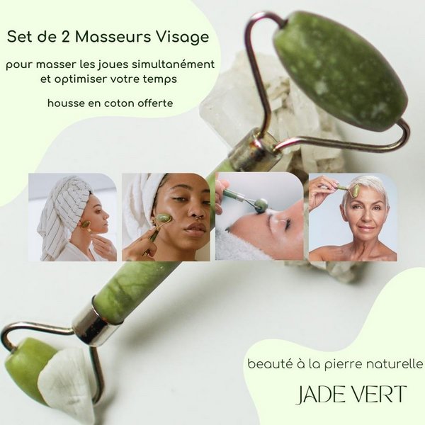 Set de 2 Rodillos Masajeadores - en Piedra Jade Verde - Herramienta Natural y Masaje Facial - Bienestar Lift
