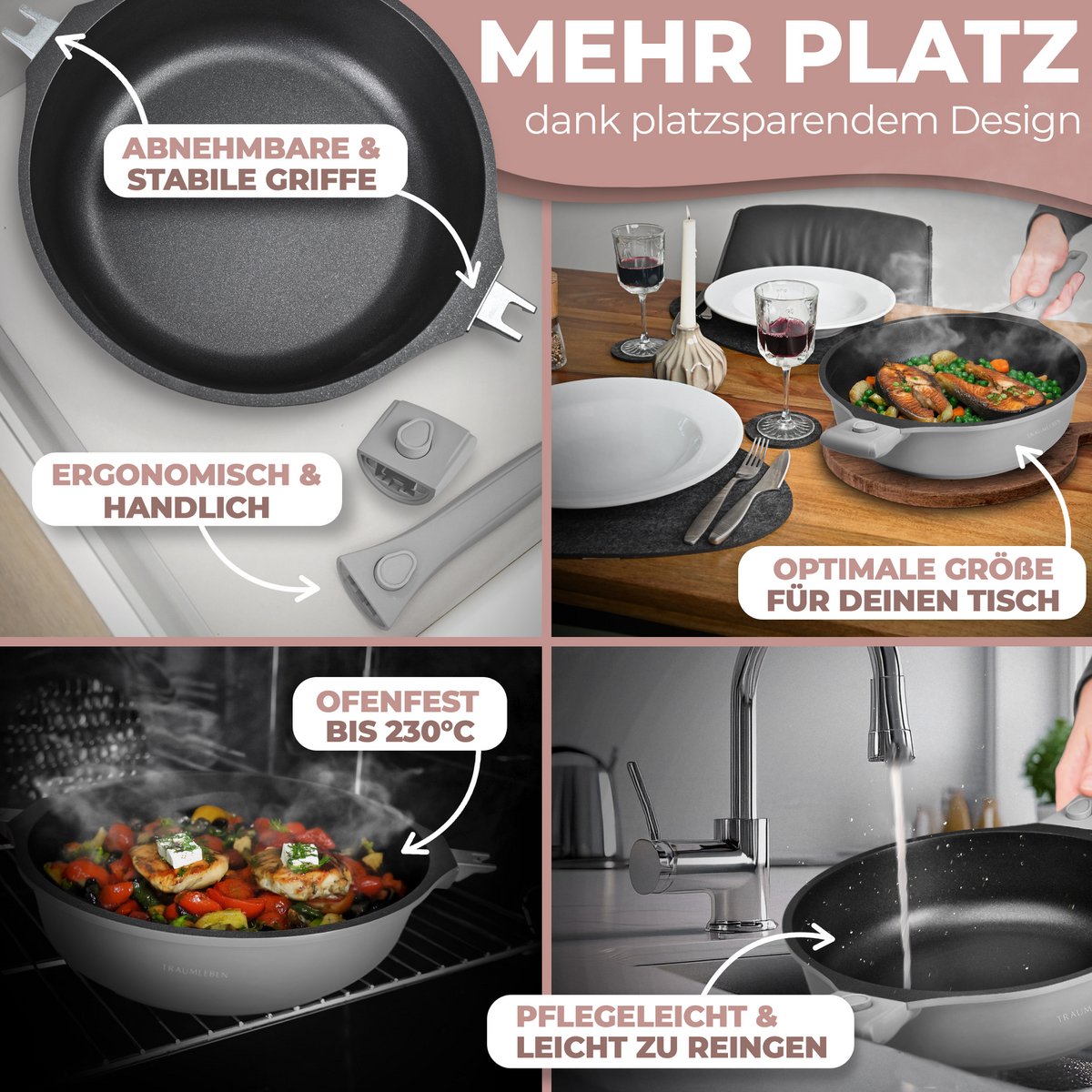 Fry Pan 28 cm, recubrimiento no de palanca, manijas extraíbles, inducción, festival del horno (gris)