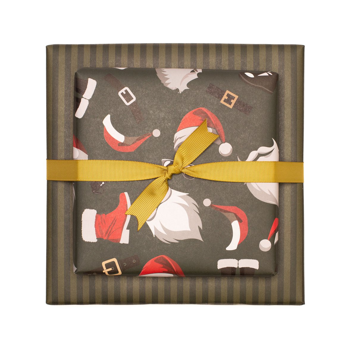 Grünes Weihnachts- Geschenkpapier mit Nikolaus Outfit und grünen Streifen, edles Geschenkpapier Weihnachtsmann , Weihnachts- Geschenkpapier Männer