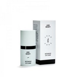 A white cylindrical container with a black label that says "Look bright!" This appears to be a cream or skincare product.