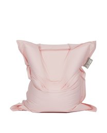 A large, soft, and comfortable pink bean bag chair. The bean bag has a plush, velvety texture and a simple, minimalist design that would complement a variety of home decor styles.
