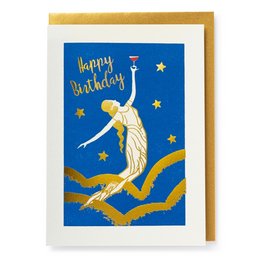 A birthday card featuring a gold angel figure against a blue starry background with the text "Happy Birthday Lady".