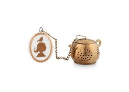 White and gold tea infuser with a royal design, includes a gold teapot charm.