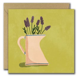 Lavender jug with purple flowers, a simple yet elegant design suitable for greeting cards or other stationery.