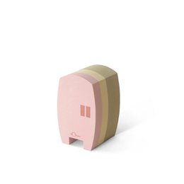  Pink and olive green water tower building block toy, architectural construction set, minimalist design, stackable pieces.