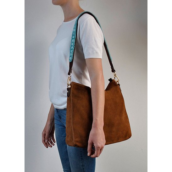 BOHO IBIZA BAG - Tracolla acquamarina (70cm) + Borsa in pelle scamosciata (Cognac)