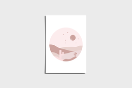 Boho-style landscape poster in pink, available in various sizes and finishes including matte or glossy, square or round edges.