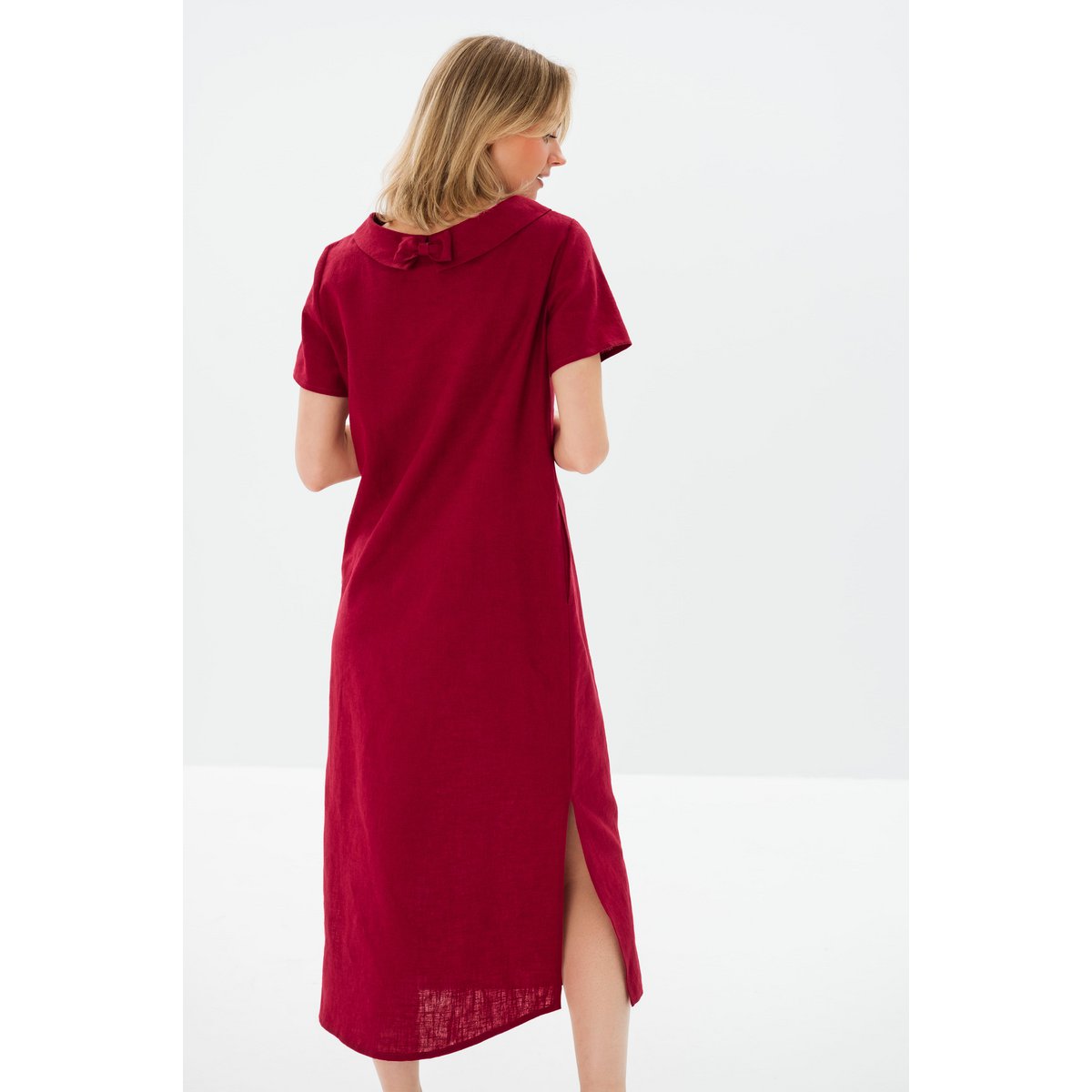 LONG STORY — Vestido midi de lino con cinturón y manga corta