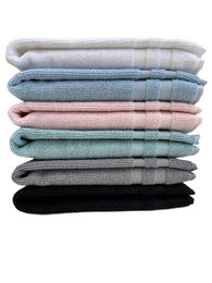 "Soft cotton bath mats in white, pink, light blue, blue, beige, and black. Absorbent rectangular towel mats."