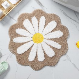  Beige tan white daisy flower bath mat, round shape, non-slip washable quick dry bathroom rug