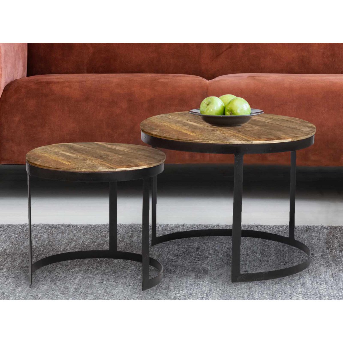 Mesa de centro, juego de 2, mesa auxiliar, mesa de salón, estructura redonda de metal Austin, plata antigua o negro
