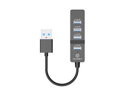 Black USB 3.0 hub, 4 ports, compact rectangular design, cable connector, tech accessory