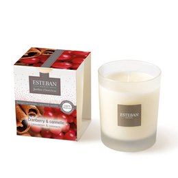  Tall cylindrical scented candle, cream white glass, red cranberry cinnamon label, warm autumn fragrance