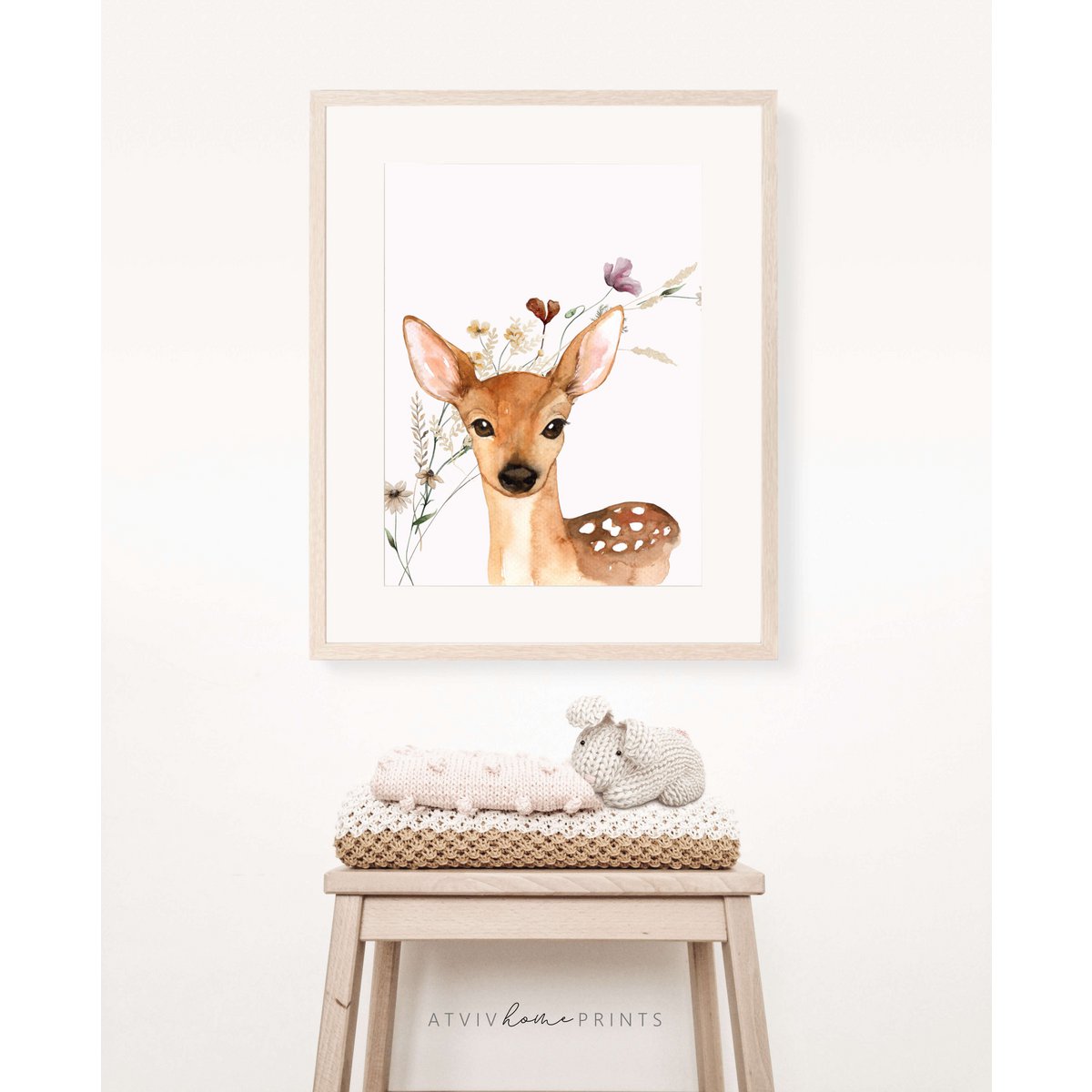 Hirsch-Poster, Hirsch-Druck, süßer Hirsch-Druck, Waldtiere-Kindergarten-Druck, Blumen-Kindergarten-Druck, Wildblumen-Druck, Mädchen-Kinderzimmer-Poster, Mädchenzimmer-Poster