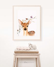 Deer poster, deer print, cute deer print, woodland animals nursery print, floral nursery print, wildflowers print, girls nursery poster, girls room poster