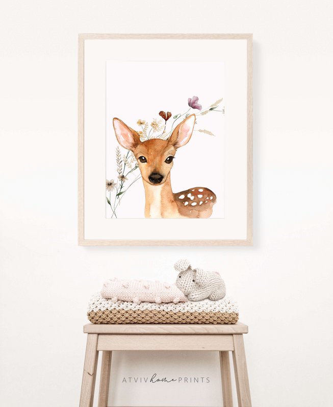 Deer poster, deer print, cute deer print, woodland animals nursery print, floral nursery print, wildflowers print, girls nursery poster, girls room poster