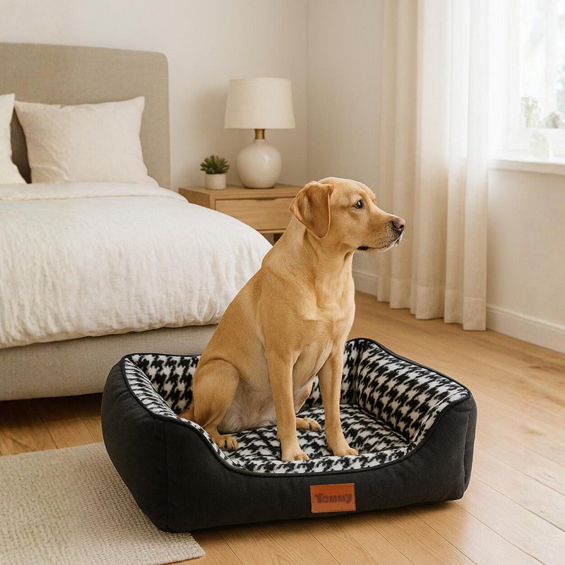 Yommy Haustierbett | Elegantes Hahnentritt-Design | Weiches und warmes Bett mit rutschfester Unterseite | Erhältlich in 3 Größen S/M/L und den Farben Grau, Blau und Schwarz | Ideal für Hunde und Katzen, bequem, langlebig und perfekt für den Winter
