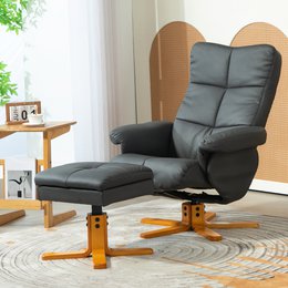 Relaxation chair with stool, 360° rotating TV chair with reclining function, reading chair for bedroom, living room, faux leather, brown