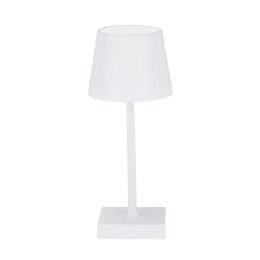 A white lamp with a chrome finish, made of ABS and aluminum, powered by 3 AAA batteries (not included). The lamp measures 26 cm in height and 10.5 cm in diameter, weighing 165 grams.