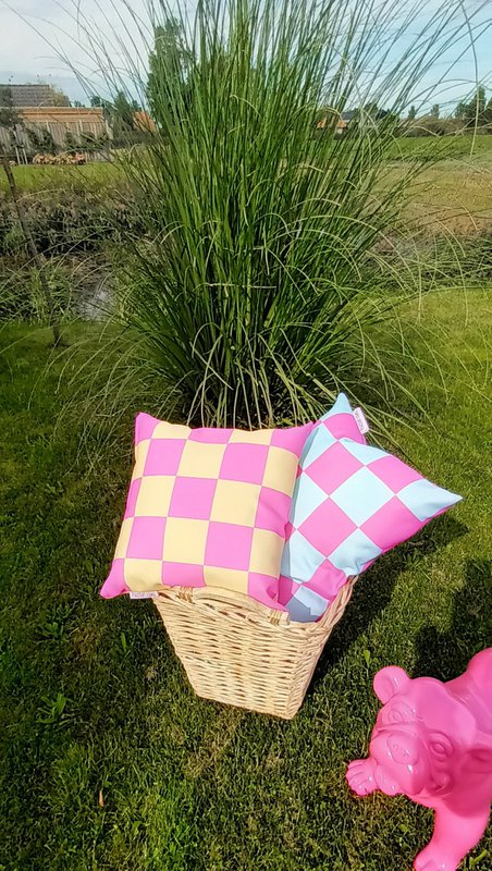 Outdoor Kussen dubbelzijdig geblokt/hart 40x40 (geel/roze)