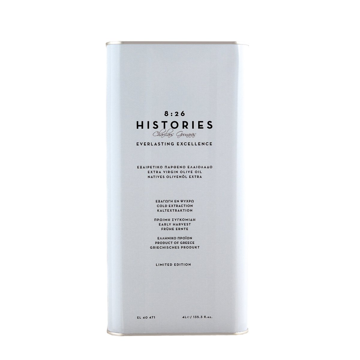8:26 Histories Extra Vierge Olijfolie 4L Navulblik Premium Family Edition