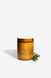 Tall, round scented candle in amber glass jar with pine sprig accent. Warm, earthy fragrance.