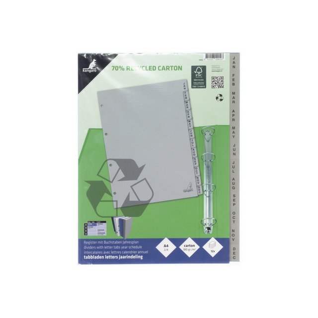 Onglet ECO Kangaro A4 lettres 180gr carton gris 4r 12pcs FSC Jan-Dec