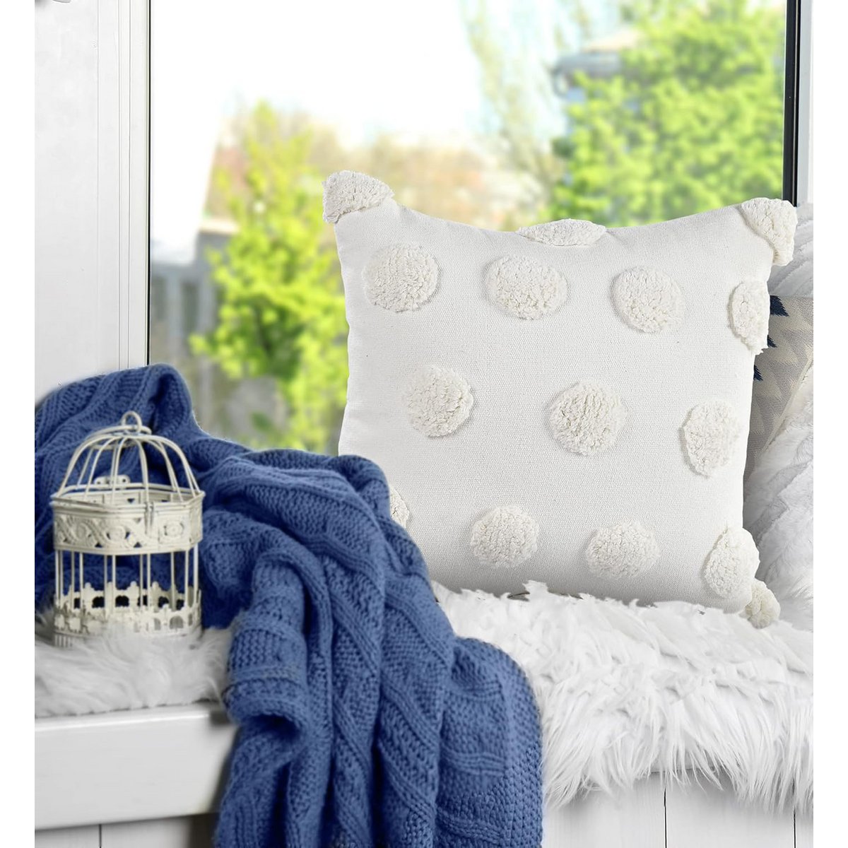 Wholesale Cotton Tufted Dots Cushion Cover – White Boho Style – 18x18 Inches