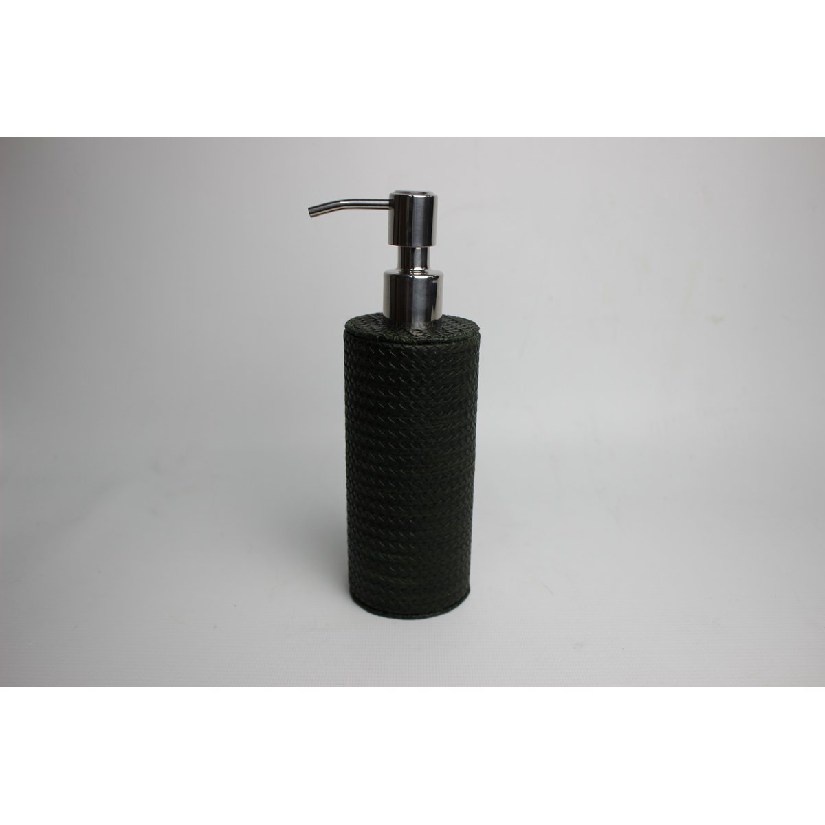 Round soap dispenser in crocodile look-black and stainless steel