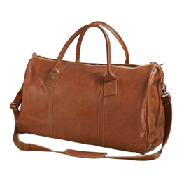 A large, brown leather duffle bag with two handles and a detachable shoulder strap. The bag appears to be made of high-quality, durable leather and is suitable for weekend travel or as a gym bag.