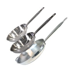 Set of 3 stainless steel frying pans in 24 cm, 28 cm, and 32 cm sizes from the Elo Profi Therm collection. Durable, compatible with all cooktops, and easy to clean.