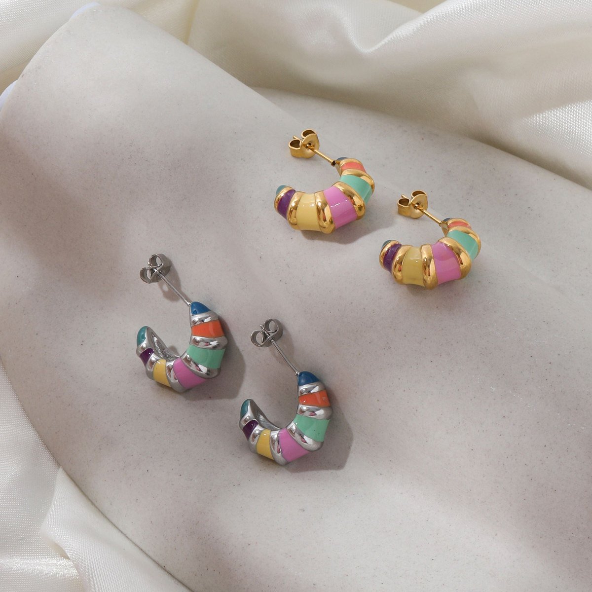 Nadine - Colourful Enamel Hoop Croissant Earrings