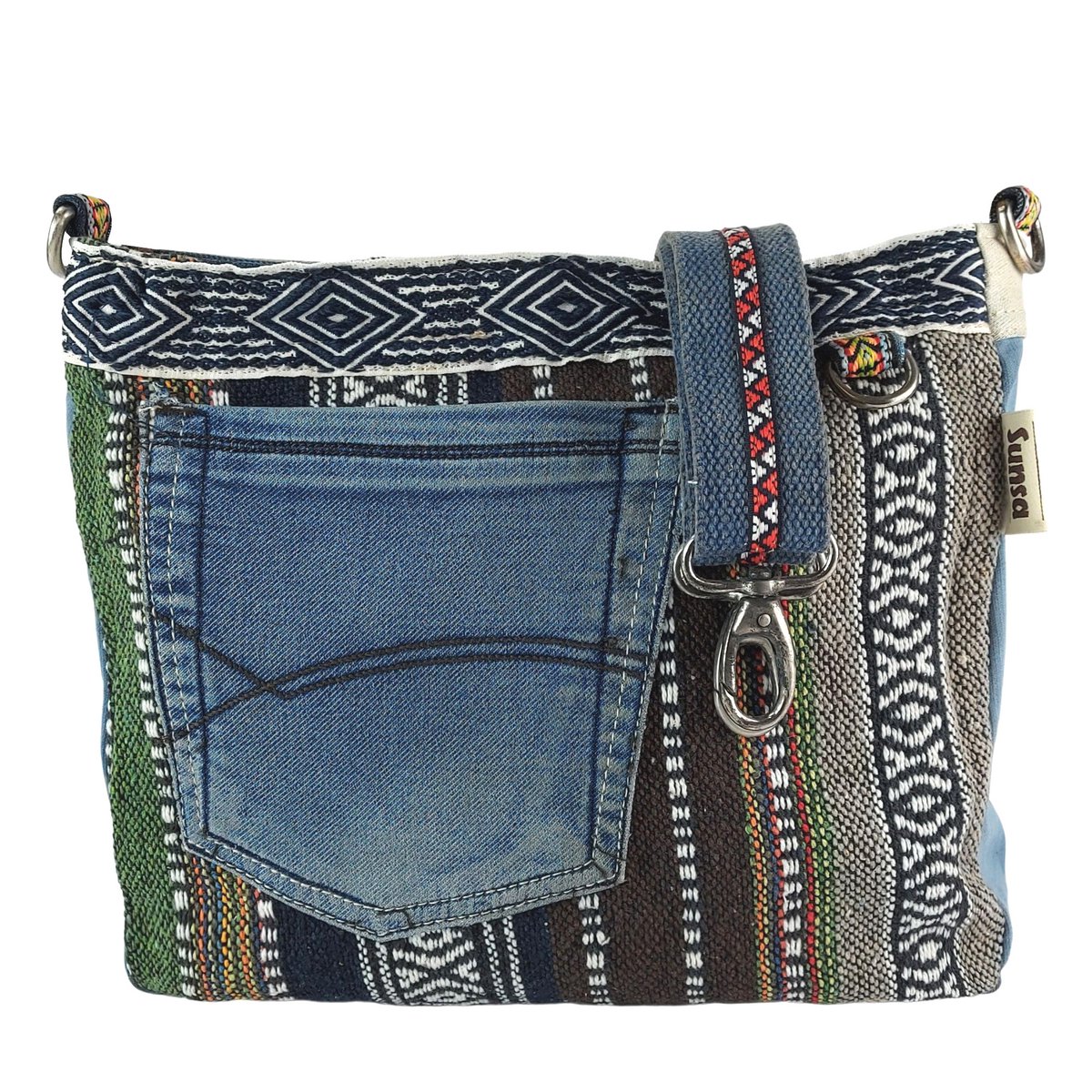 Sac bandoulière femme Sunsa. Sac bandoulière en jean upcyclé et coton. Sac à main style rétro vintage. Sac bandoulière pour femme.