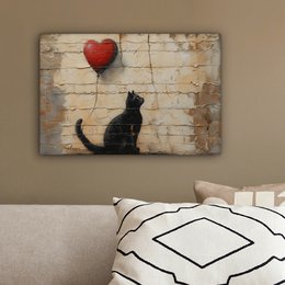 Canvas schilderij - Wanddecoratie Kat - Graffiti - Ballon - Street art - Abstract - Muurdecoratie woonkamer - Kamer decoratie modern - Abstracte schilderijen