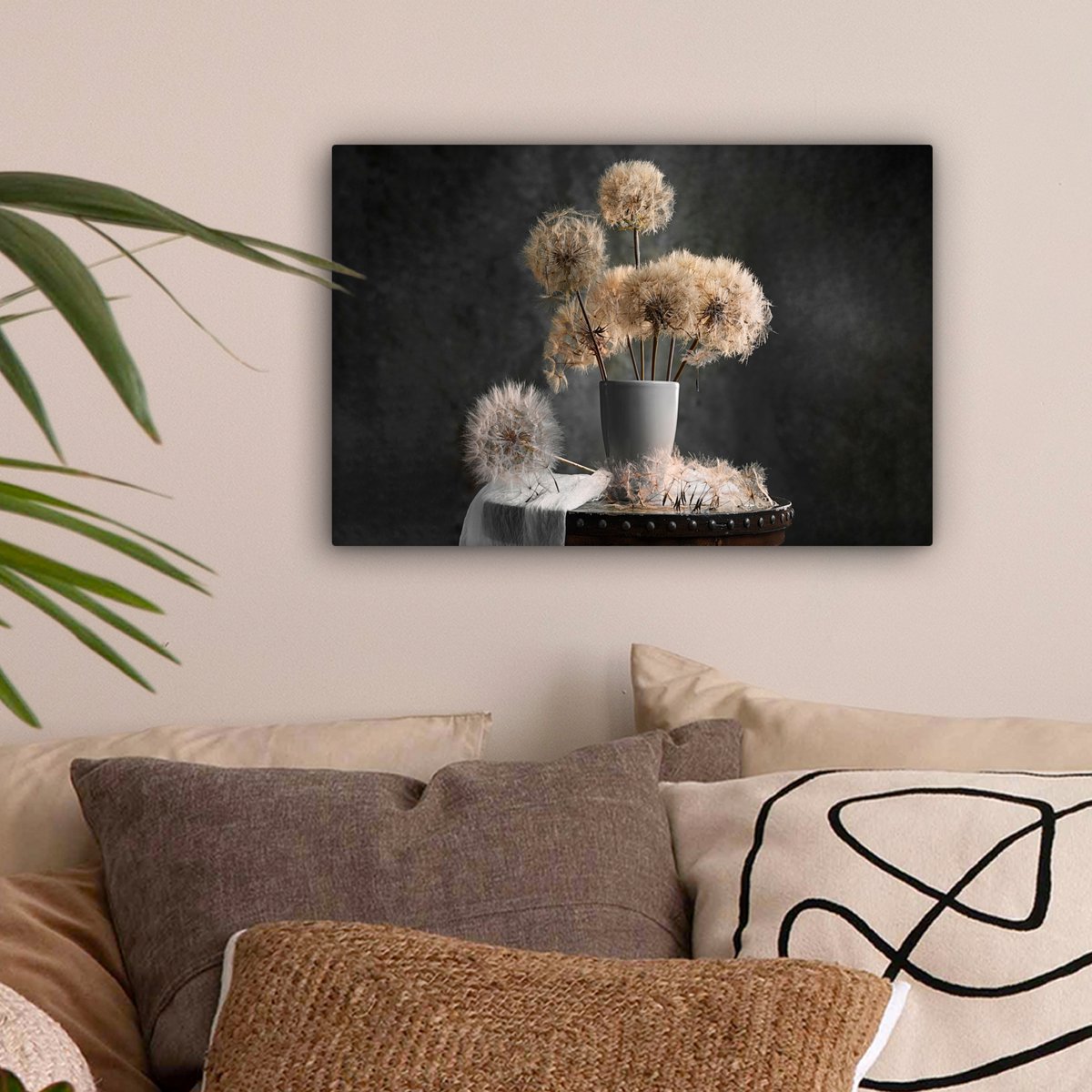 Leinwand Malerei - Wanddekoration - Blumensamen - Löwenzahn - Vase - Stillleben - Bouquet